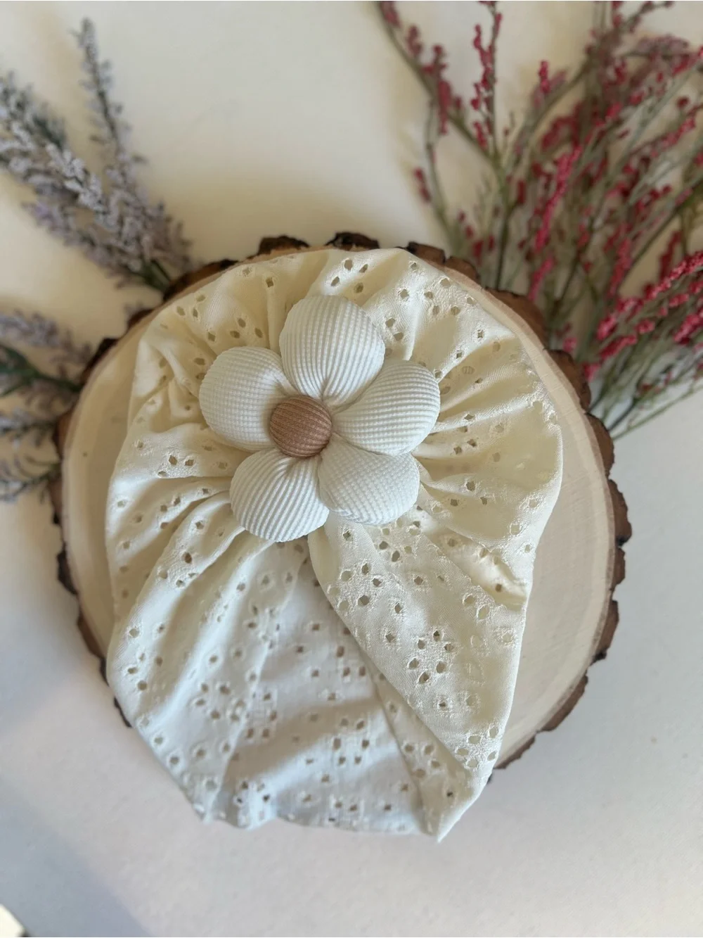 Handmade White Eyelet Lace Baby Turban Hat with Textured Flower NWT